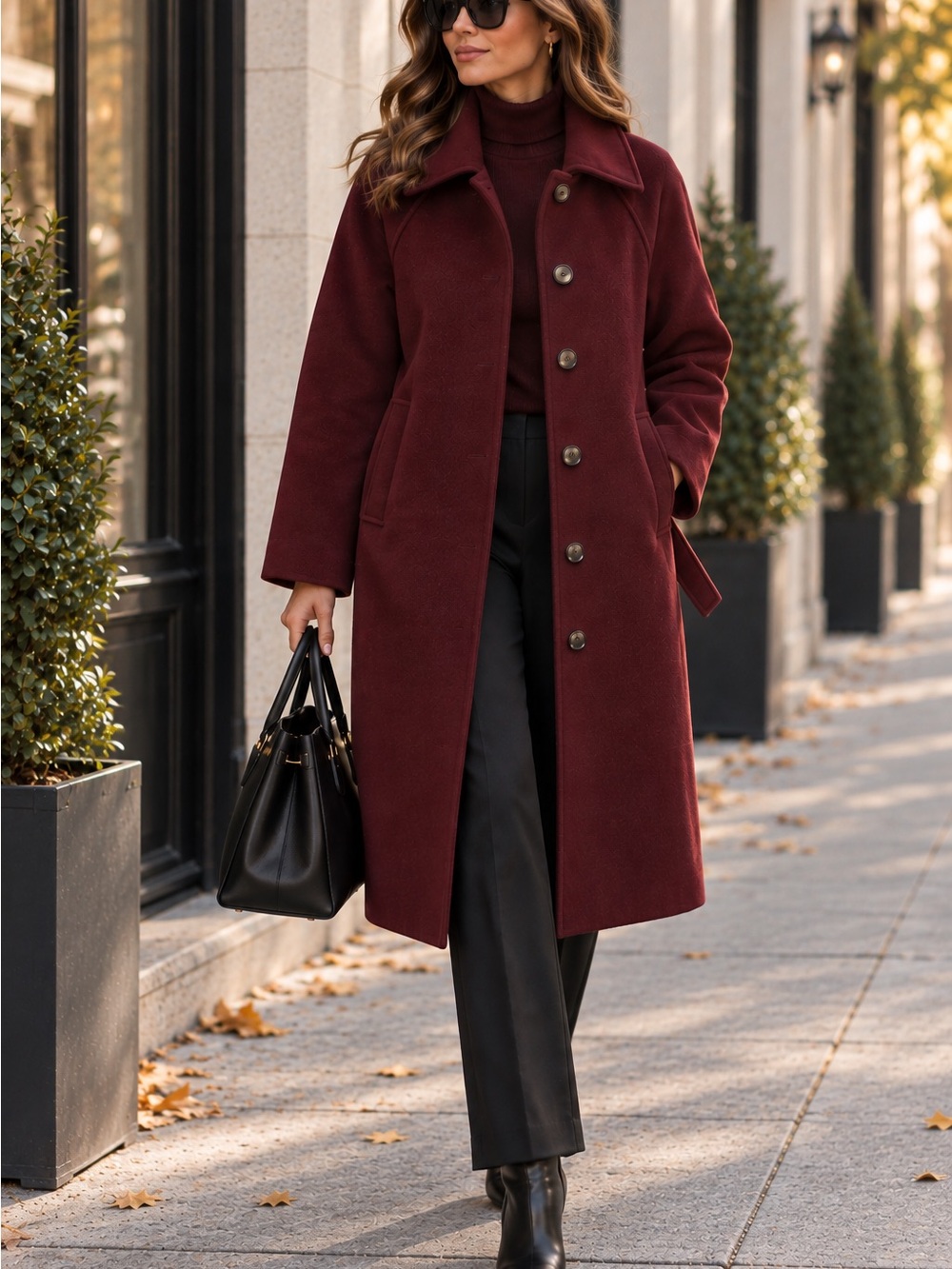 Abercrombie & Fitch Wool Blend Women's Burgundy Single-Breasted Wool Trench Coat